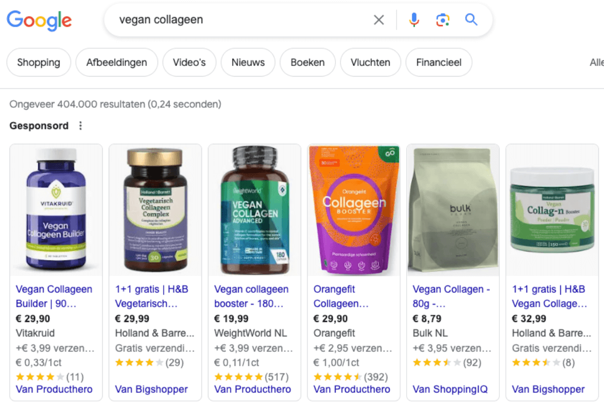 Vegan collageen producten in Google